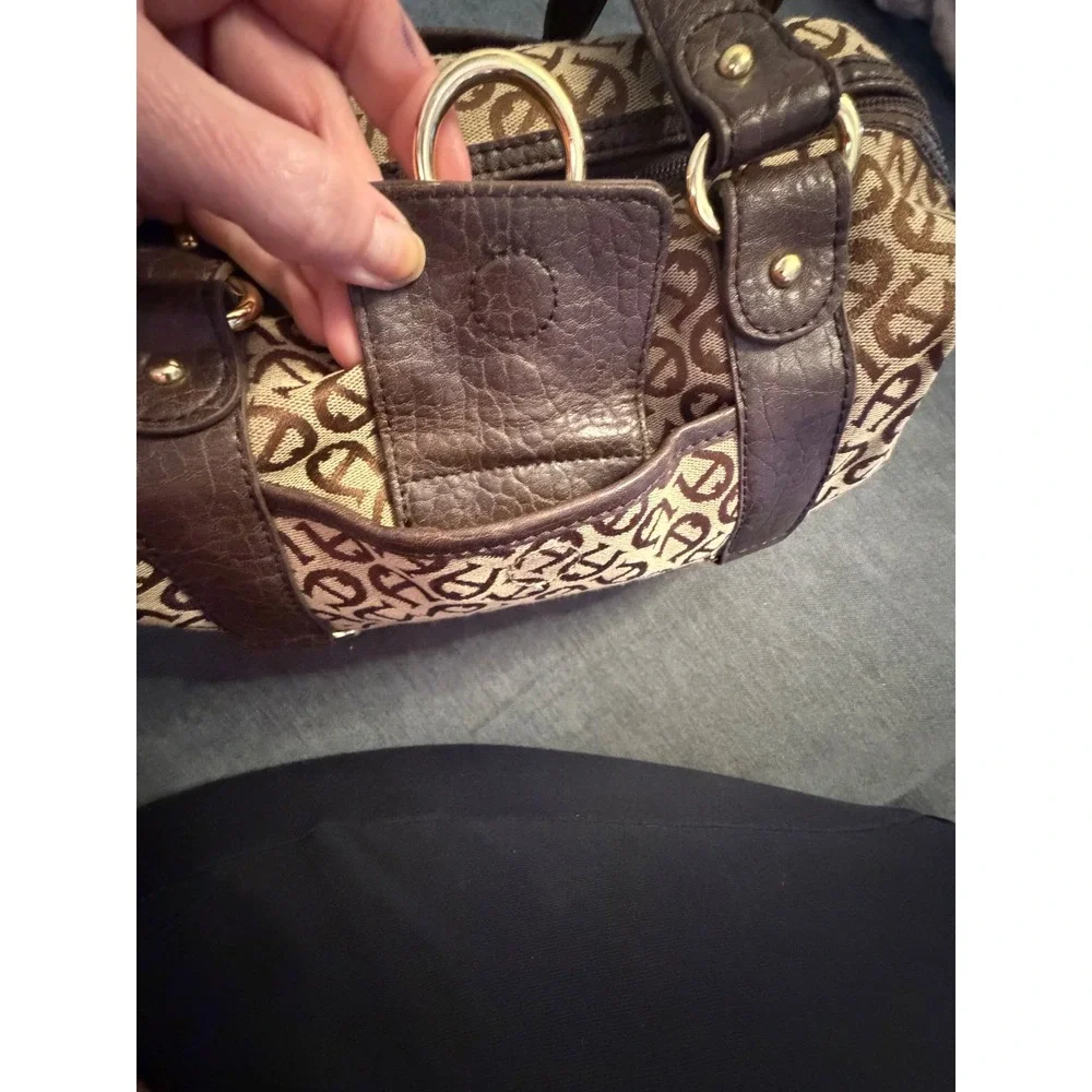 Etienne Aigner Monogram Jacquard Satchel‎ Bag Brown Tan Gold Tone Hardware